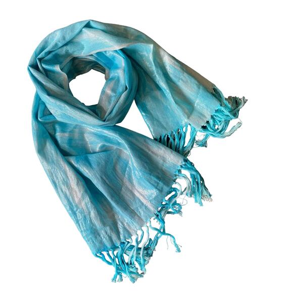Beautiful Blue White Ombre Metallic Rectangle Scarf with Fringe 17" x 66" - Picture 1 of 4